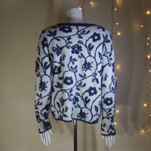 Berthie Blue White Sweater Floral Jacquard Knit Size 4 - Picture 3 of 10